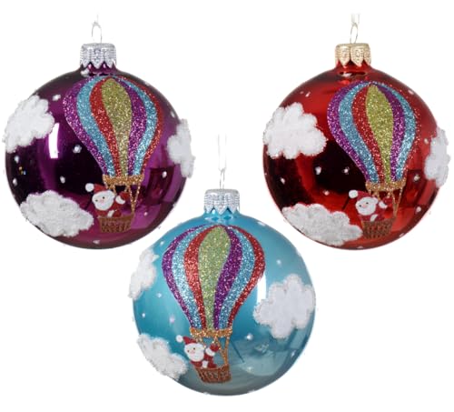 Hot Air Balloon Blown Glass Ornaments - European Mouth-Blown Glass Balls, Set of 3 Blue, Red, Purple