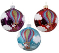 Hot Air Balloon Blown Glass Ornaments - European Mouth-Blown Glass Balls, Set of 3 Blue, Red, Purple