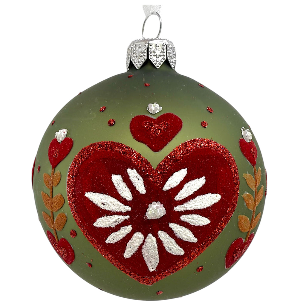 Folk Art Heart Ornaments – Set of 2 European Mouth-Blown Glass Ball Holiday Christmas Tree Decoration, Green and Red