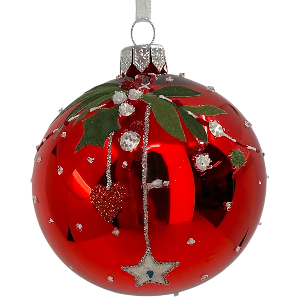 Mistletoe Heart Star Blown Glass Ornaments – Set of 2 European Mouth-Blown Bauble Ball Holiday Christmas Tree Decoration, Red, White, and Blue