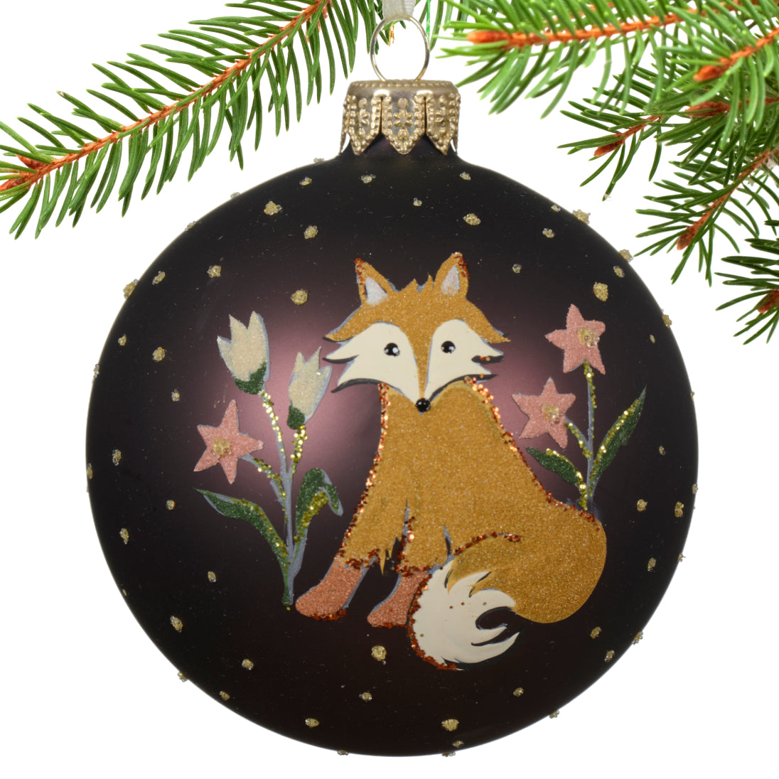 Hand Painted Blown Glass Animal Ornaments – European Mouth-Blown Brown Glass Balls Set of 3 Fox, Hedgehog, and Bird