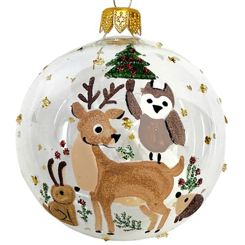 Deer Owl Glass Ornament - European Mouth Blown Animals Ball Holiday Christmas Tree Decoration, White