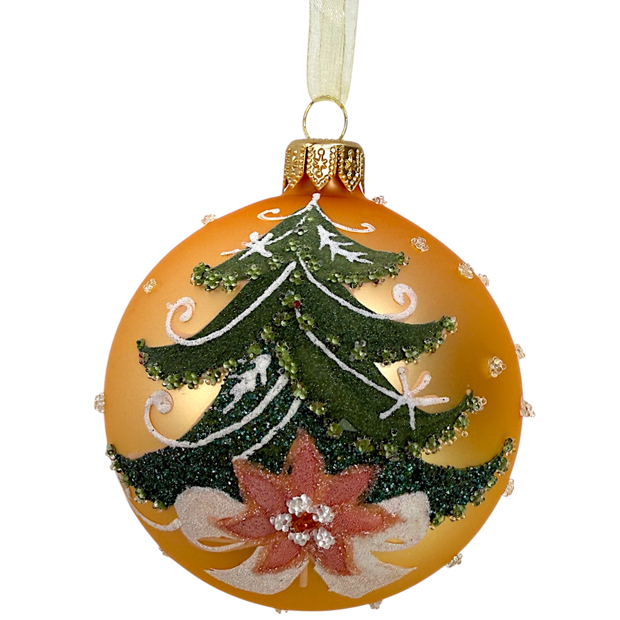 Pine Tree Blown Glass Ornaments - Set of 2 European Mouth-Blown Bauble Ball Holiday Christmas Tree Decorations, Green and Gold