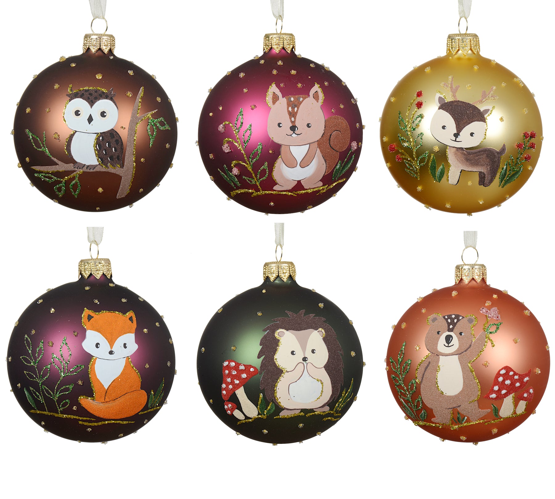 Baby Animals Blown Glass Ornaments – European Mouth-Blown Hand Painted Glass Balls Set of 6 - Deer, Squirrel, Bear, Chipmunk, Owl, and Fox