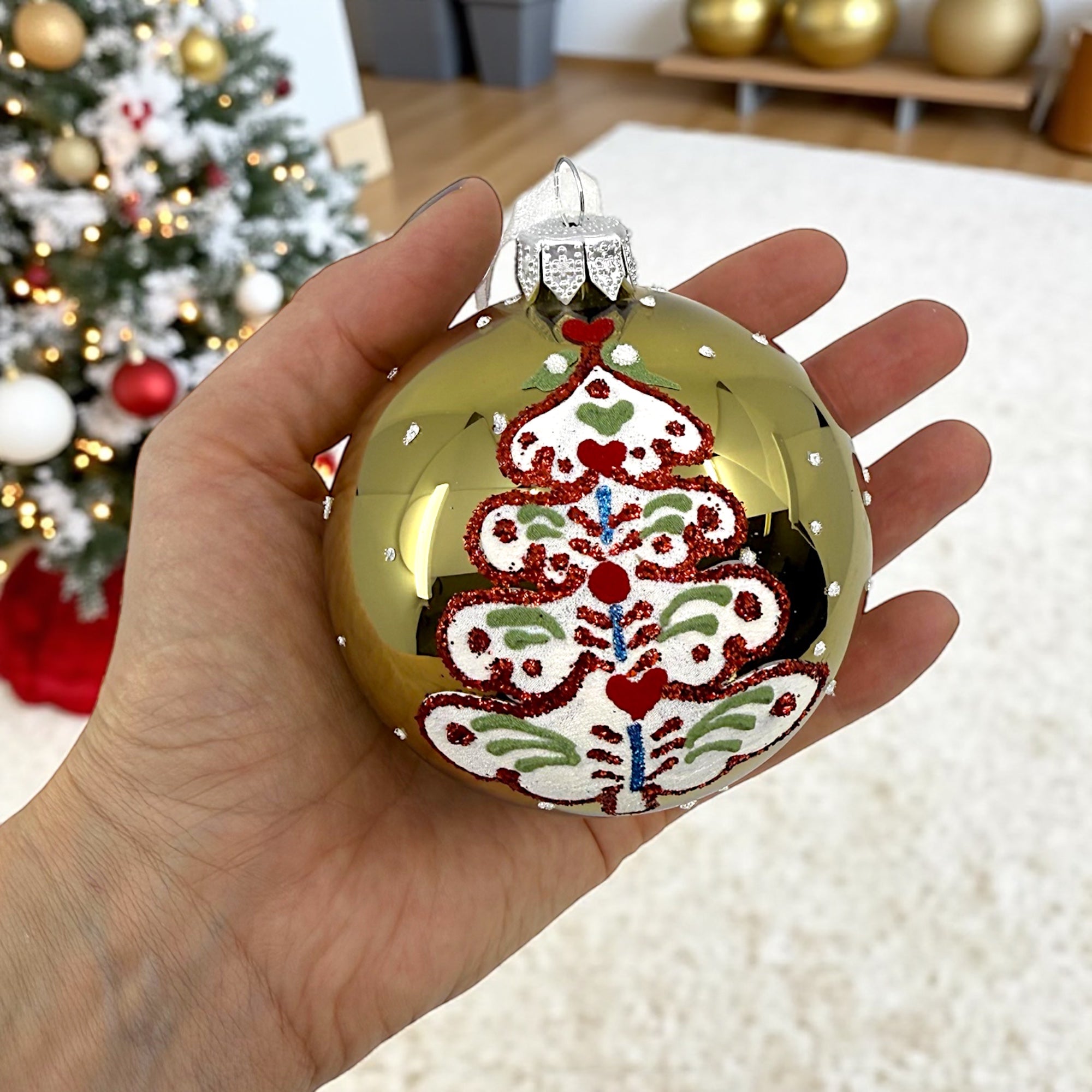 Folk Art Tree Glass Ornaments – Set of 2 European Mouth-Blown Bauble Ball Holiday Christmas Decoration, Gold, Blue