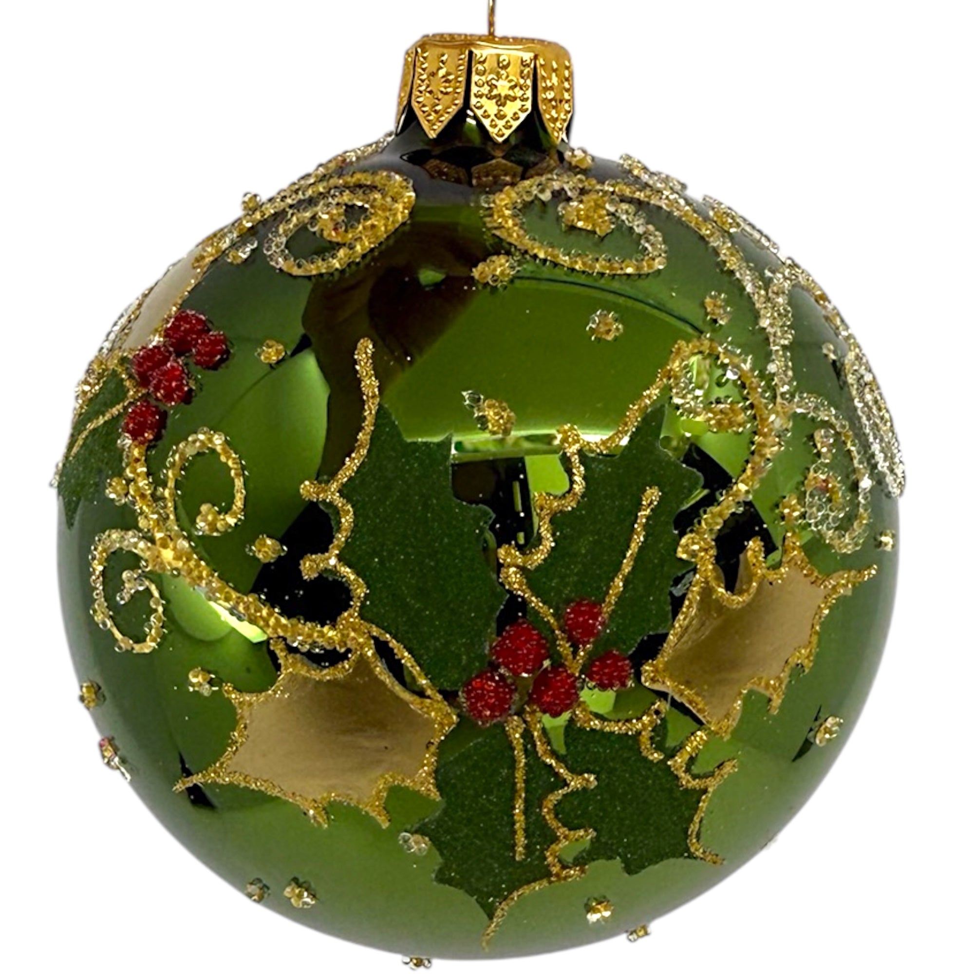 Holly Leaves and Berries Ornament - European Mouth-Blown Glass Ball Holiday Christmas Tree Decoration, Green