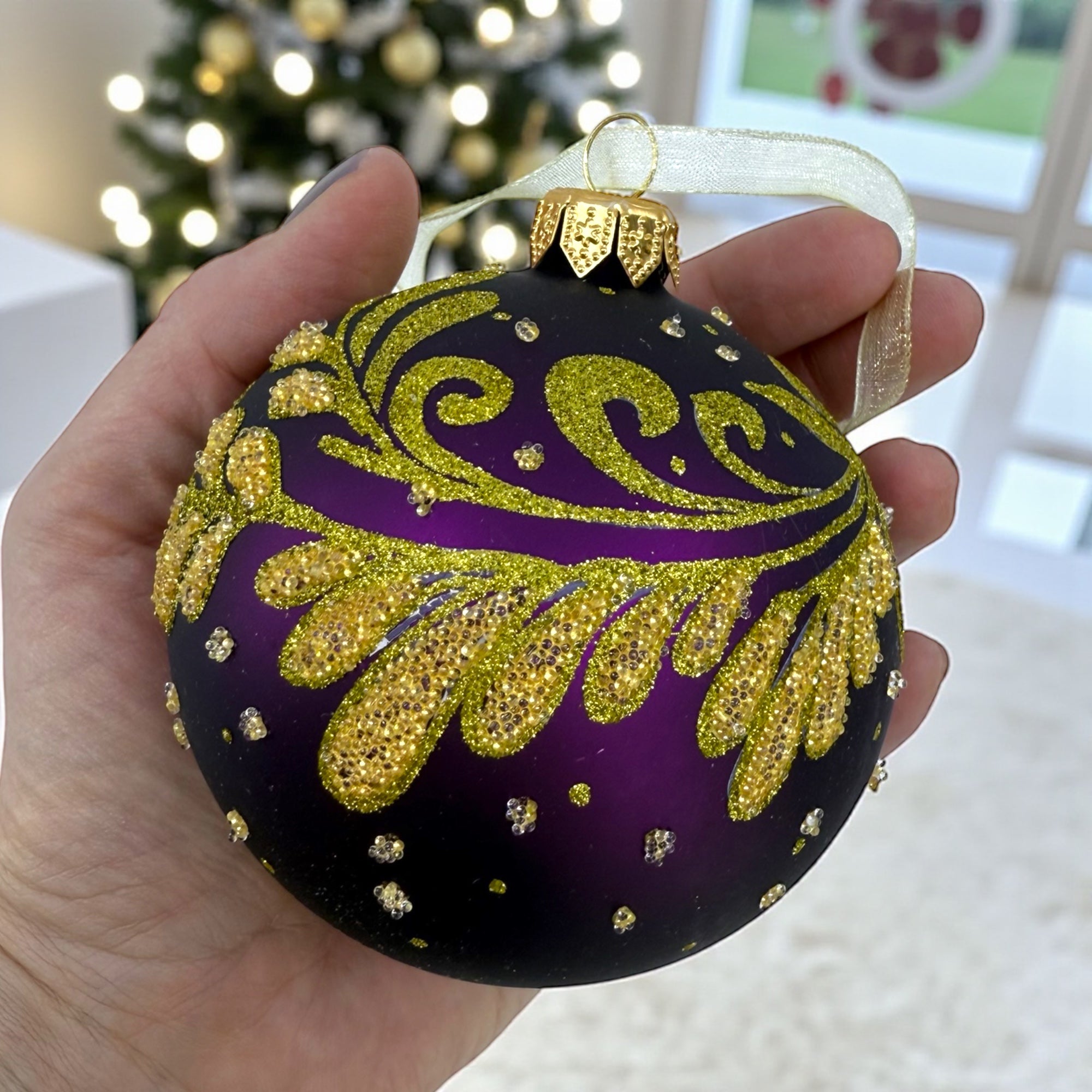 Purple Blown Glass Ornament - European Mouth-Blown Ball Holiday Christmas Tree Decoration, Purple, Gold Leaves and Swirl Design