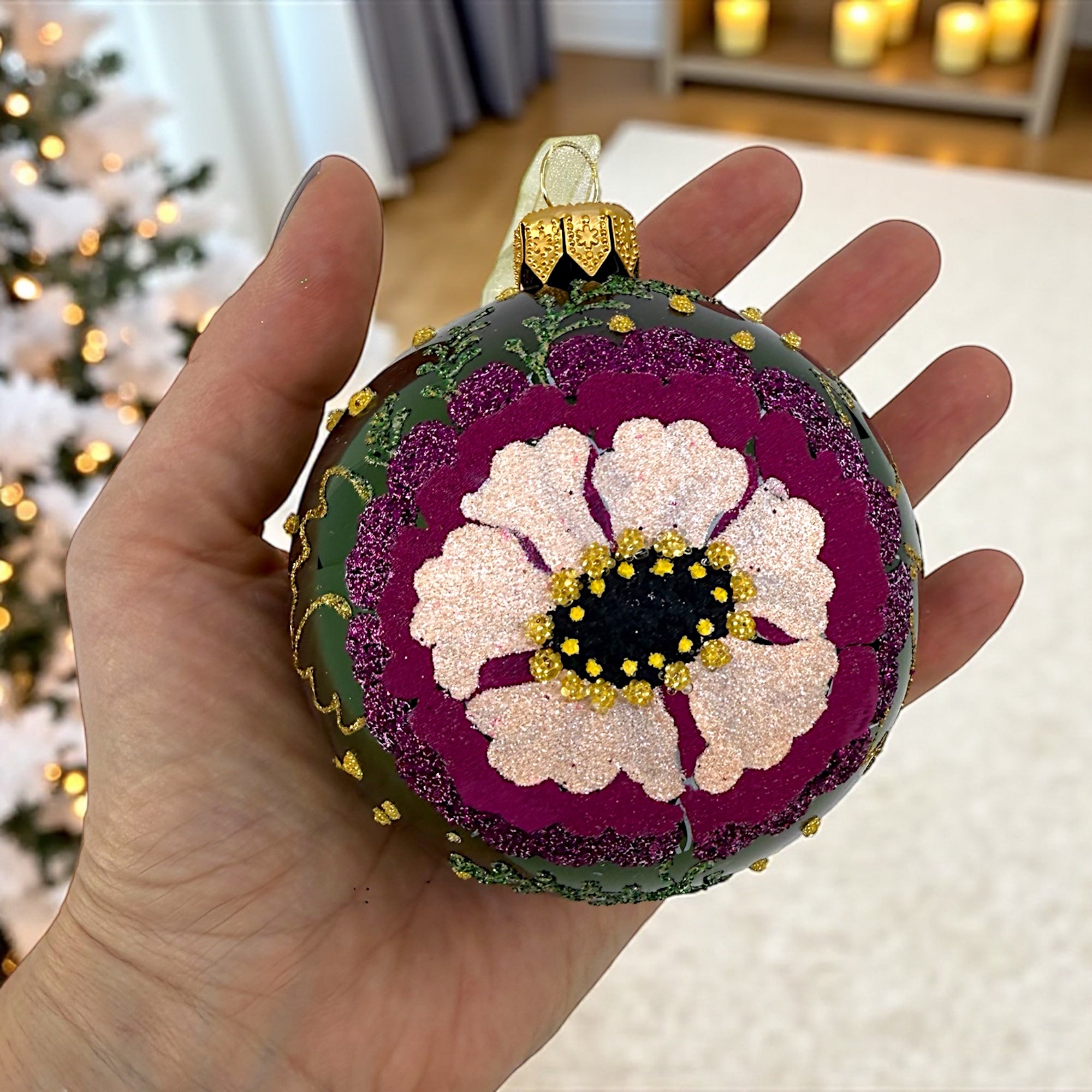 Poppy Glass Ornaments – Set of 2 European Mouth-Blown Bauble Ball Holiday Christmas Tree Decoration, Green, Purple, Pink