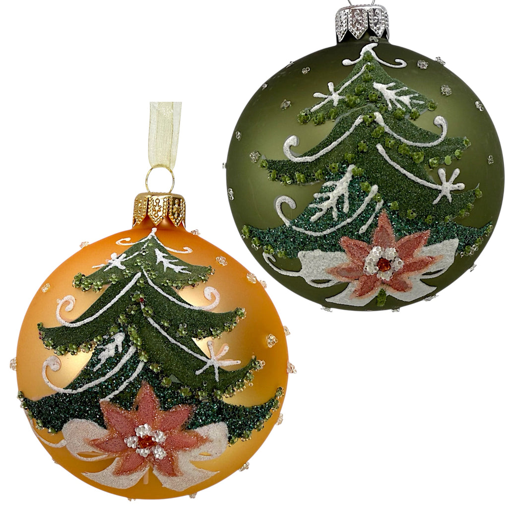 Pine Tree Blown Glass Ornaments - Set of 2 European Mouth-Blown Bauble Ball Holiday Christmas Tree Decorations, Green and Gold