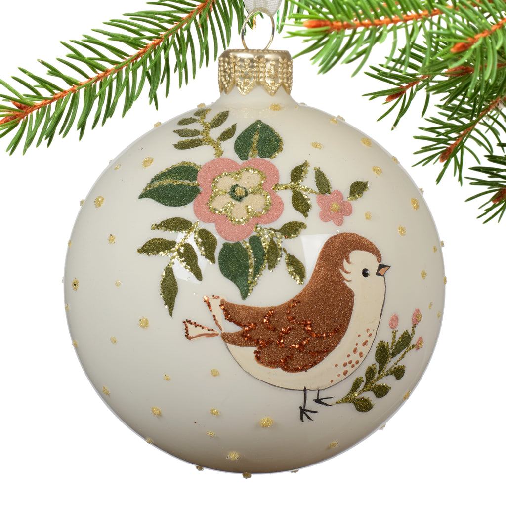 Painted Animals Blown Glass Ornaments – European Mouth-Blown White Glass Balls Set of 3 Fox, Hedgehog, and Bird