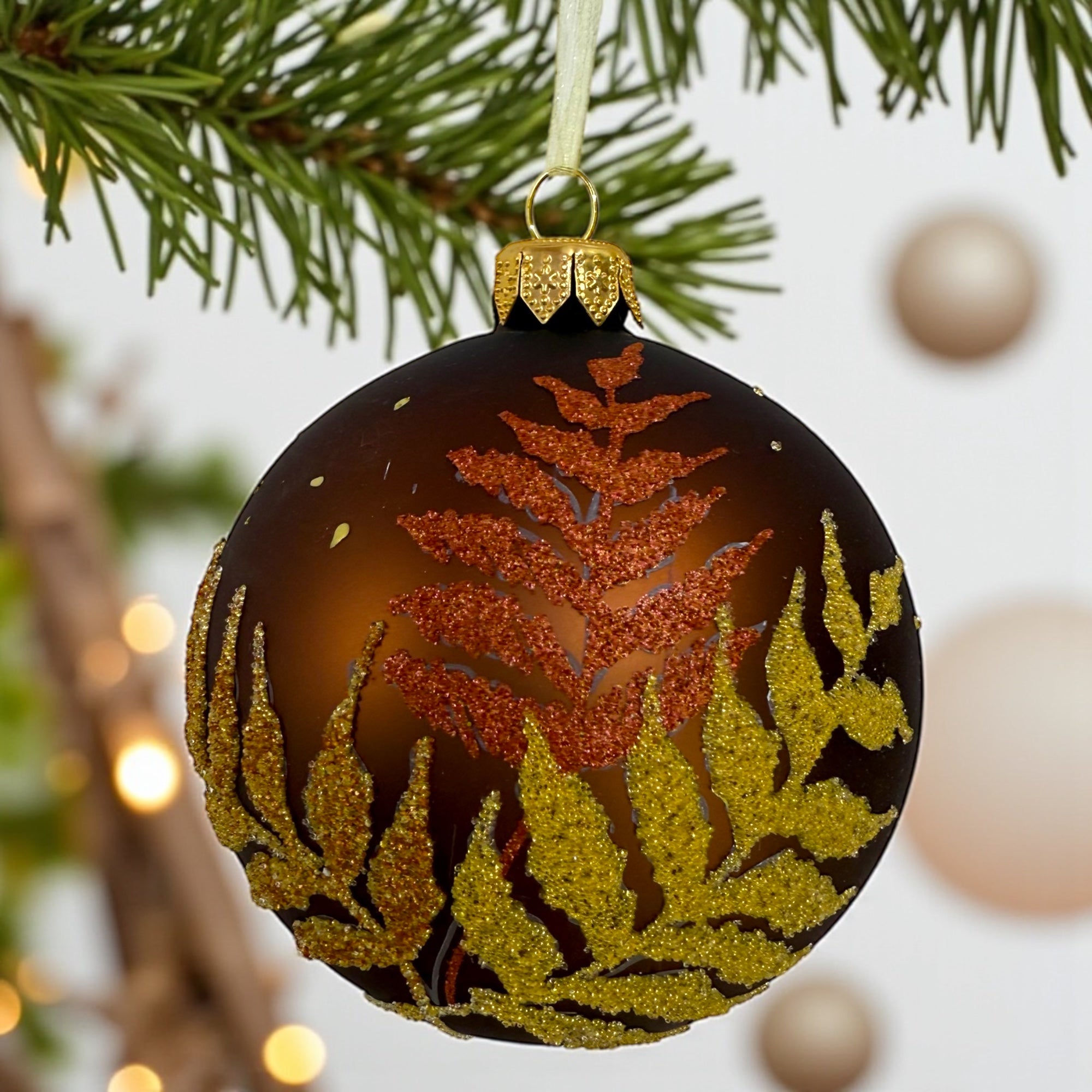 Fern Blown Glass Ornament - European Mouth-Blown Ball Holiday Christmas Tree Decoration, Brown