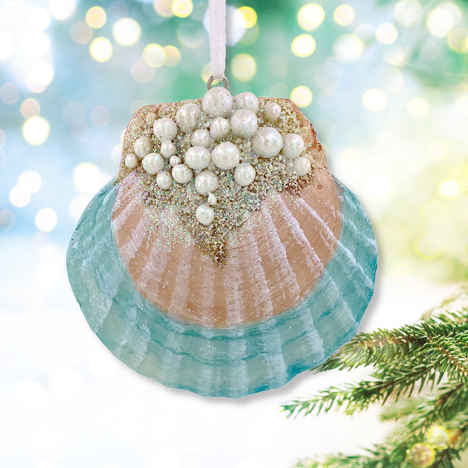 Coastal Christmas Ornaments - Seahorse, Starfish, Clam Shell Holiday Beach Tree Decorations, Set of 3