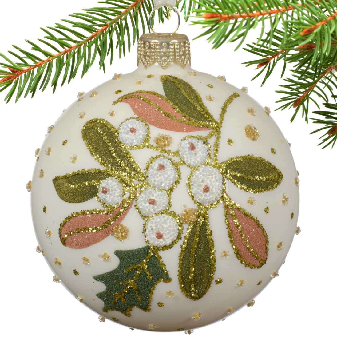 Mistletoe Blown Glass Ornaments – European Mouth-Blown Glass Balls Set of 3 Forest Green, White and Olive Green