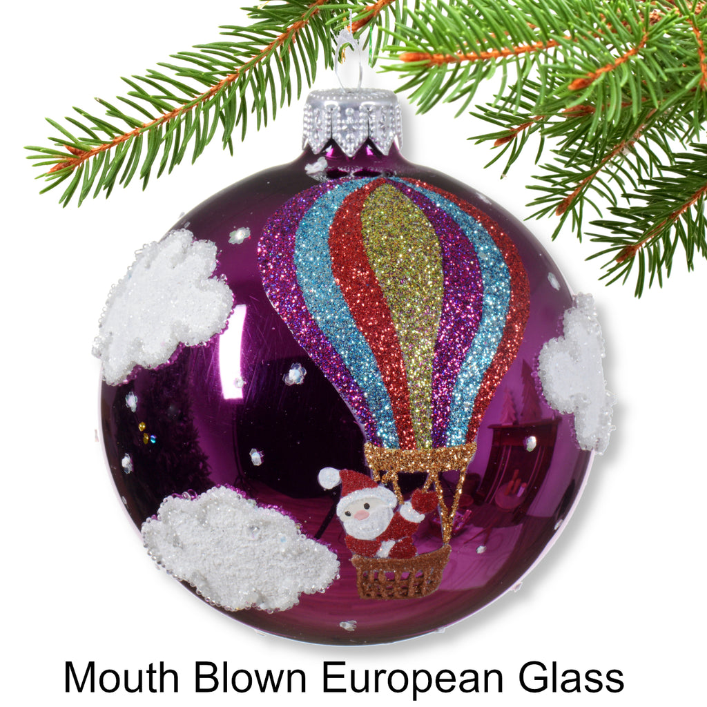 Hot Air Balloon Blown Glass Ornaments - European Mouth-Blown Glass Balls, Set of 3 Blue, Red, Purple