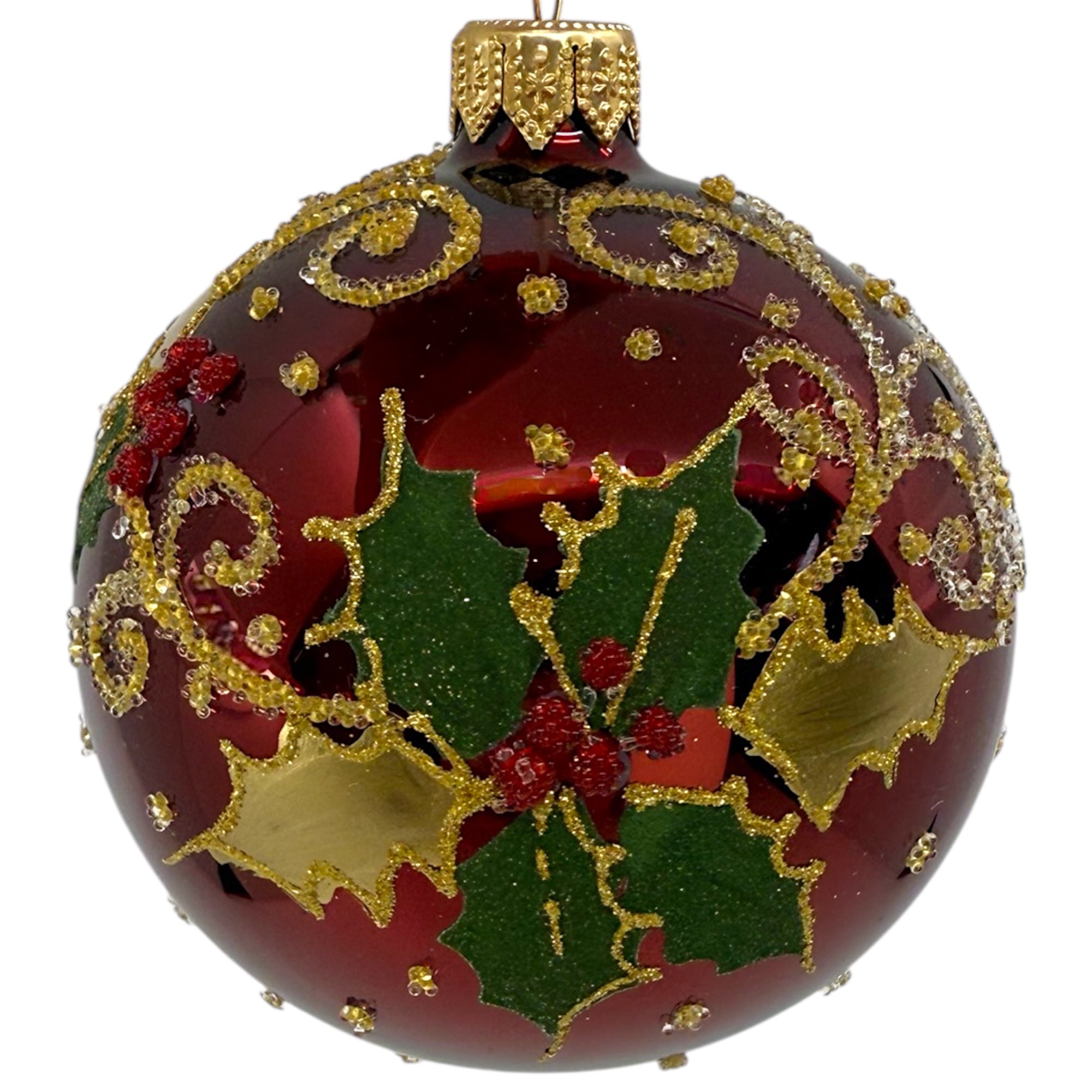 Holly Leaves and Berries Ornament - European Mouth-Blown Glass Ball Holiday Christmas Tree Decoration, Dark Red