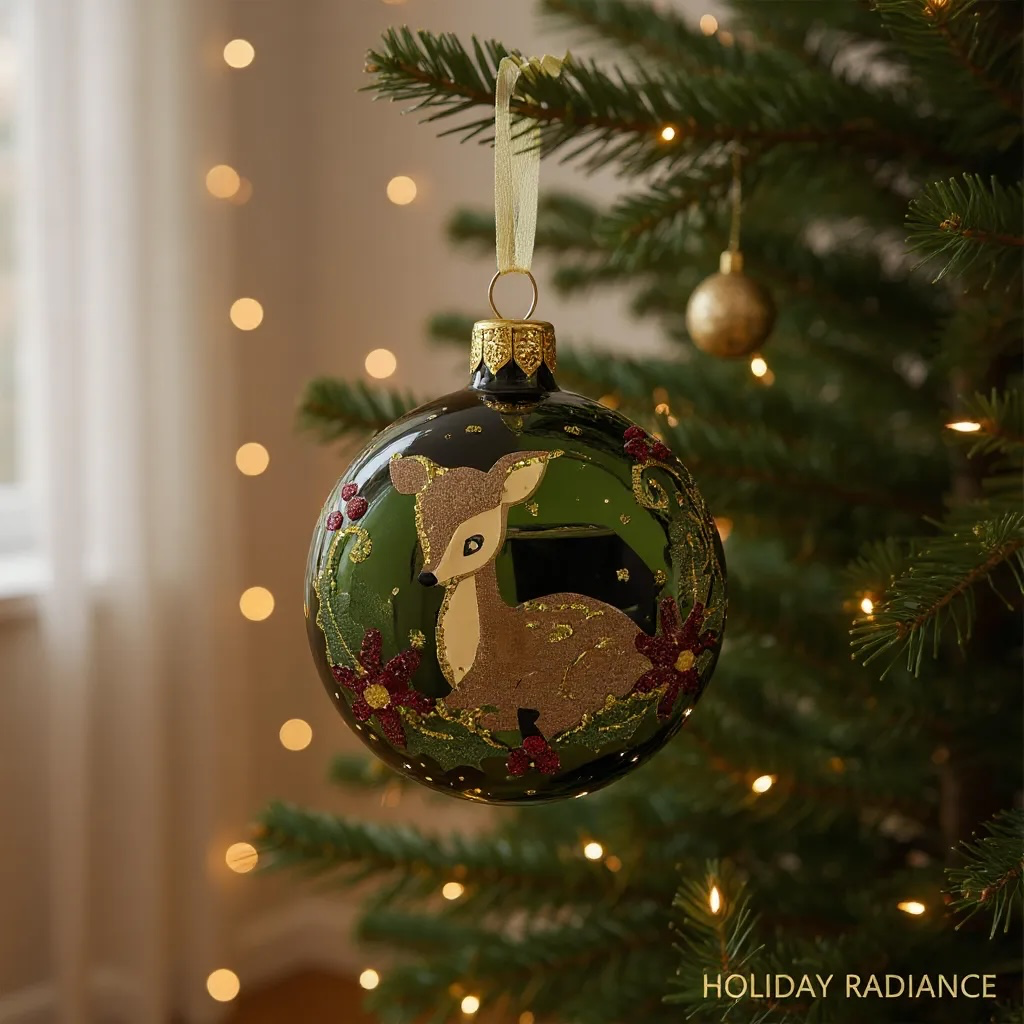 Fawn Holly and Berries Blown Glass Ornaments – Set of 2 European Mouth-Blown Baby Deer Ball Holiday Christmas Tree Decoration, Red and Green