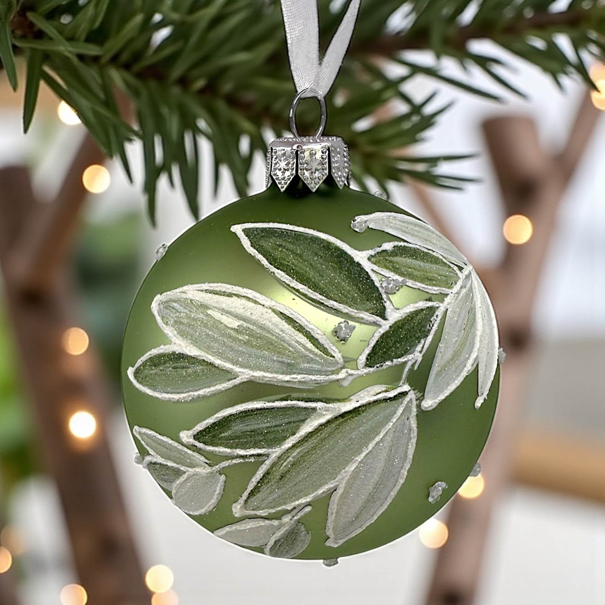 Eucalyptus Blown Glass Ornament - European Mouth-Blown Ball Holiday Christmas Tree Decoration, Sage Green