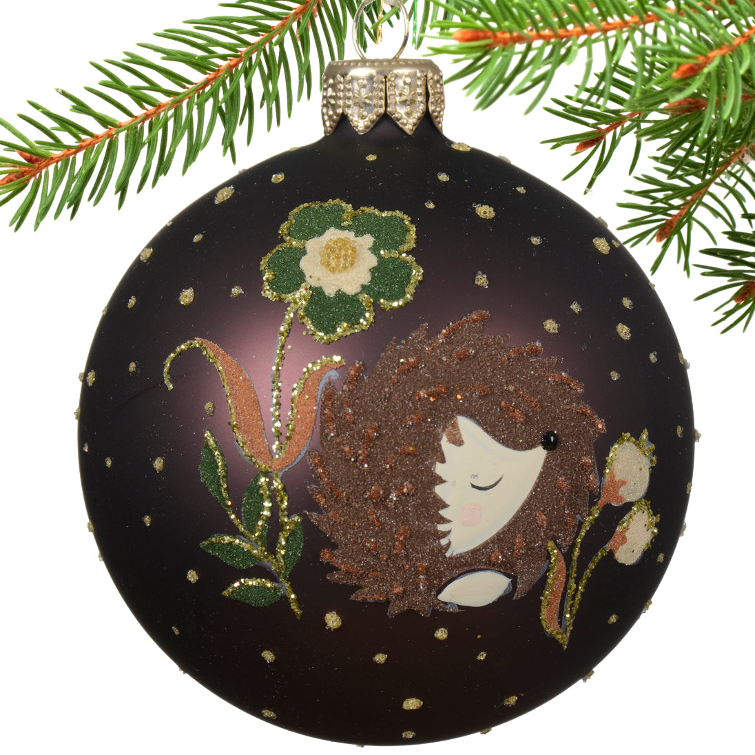 Hand Painted Blown Glass Animal Ornaments – European Mouth-Blown Brown Glass Balls Set of 3 Fox, Hedgehog, and Bird