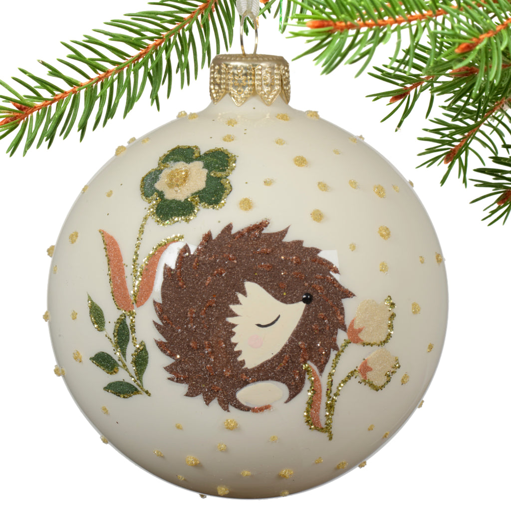 Painted Animals Blown Glass Ornaments – European Mouth-Blown White Glass Balls Set of 3 Fox, Hedgehog, and Bird