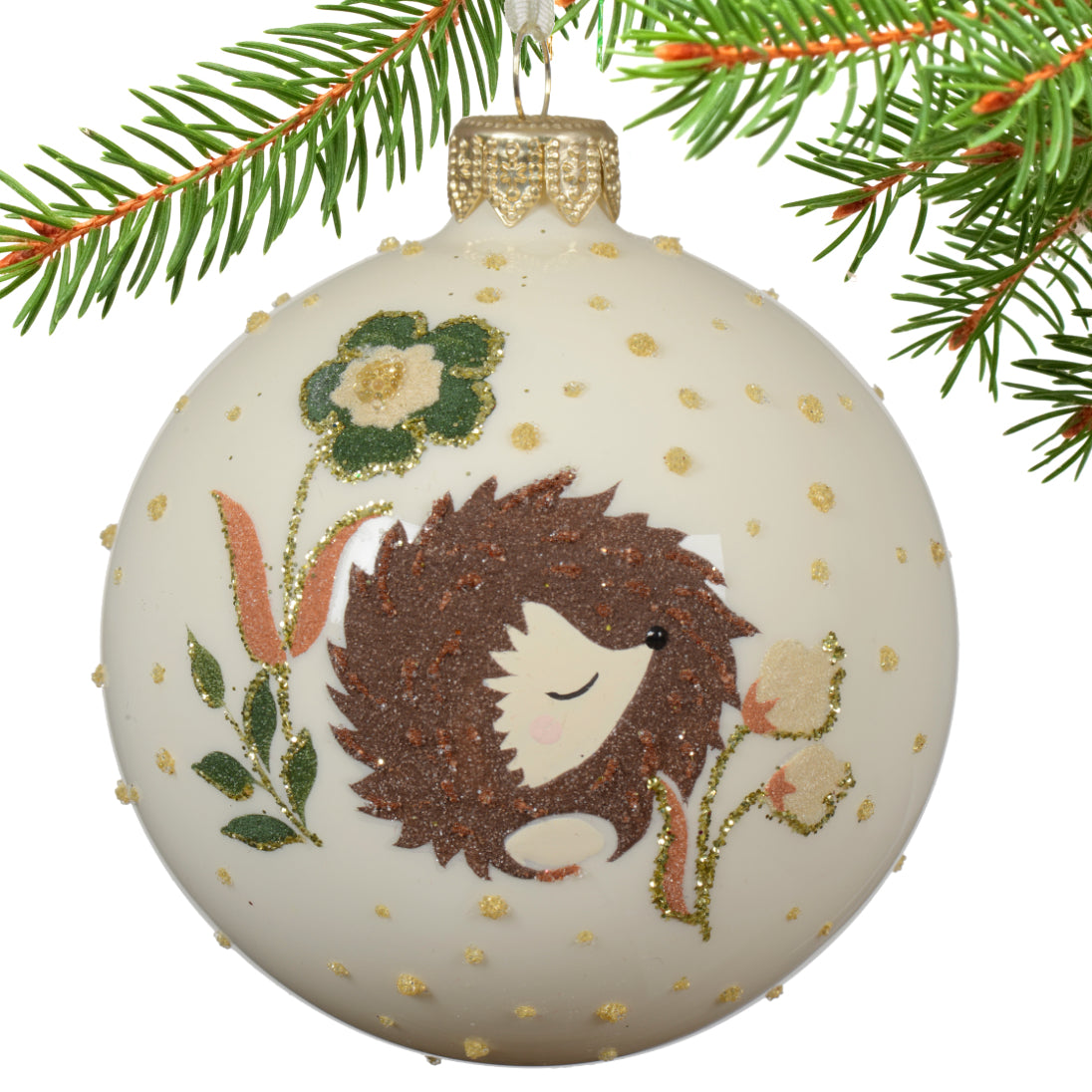 Painted Animals Blown Glass Ornaments – European Mouth-Blown White Glass Balls Set of 3 Fox, Hedgehog, and Bird