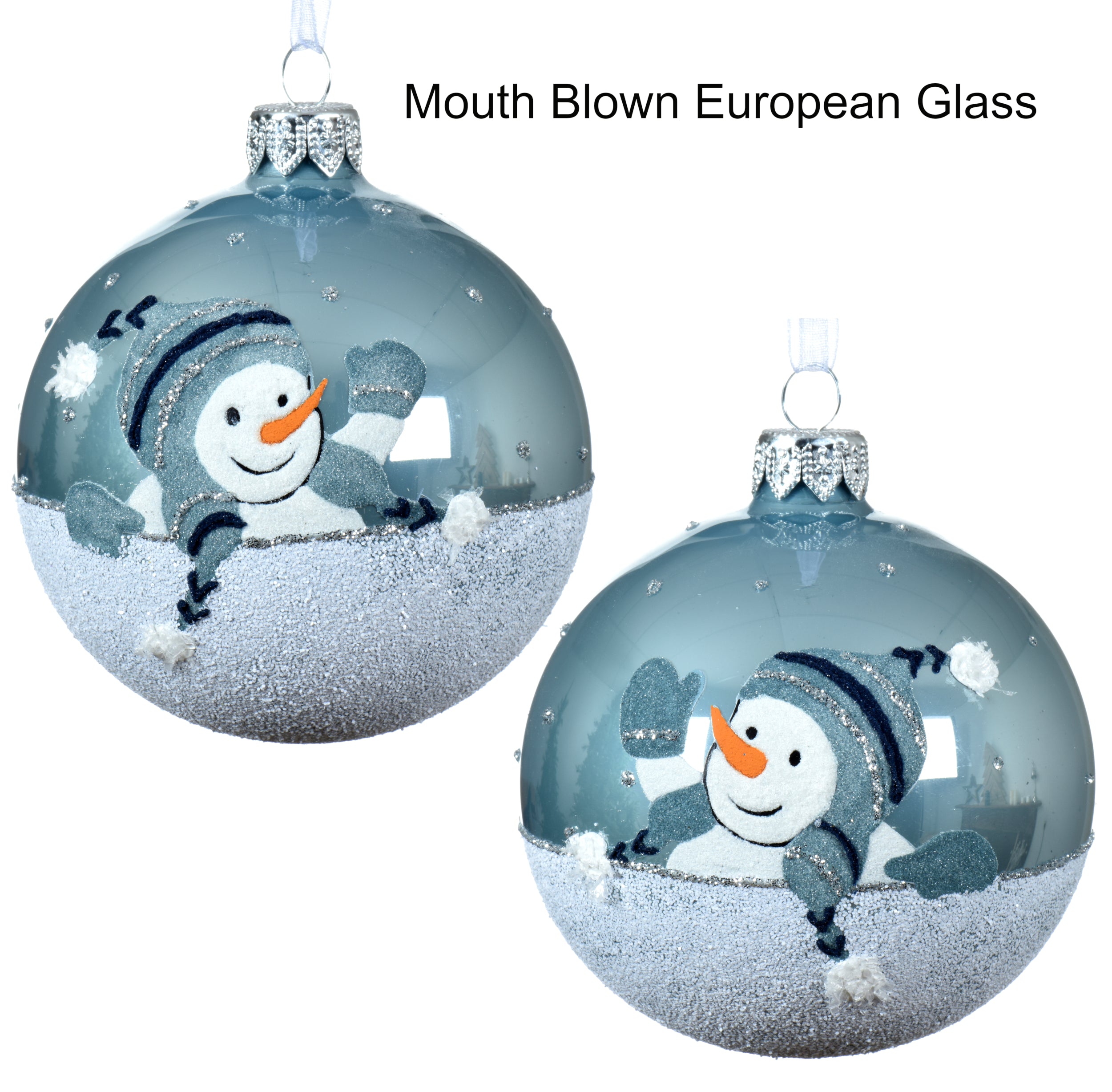 Snowmen Glass Ornaments - Set of 2 Blue European Glass Balls