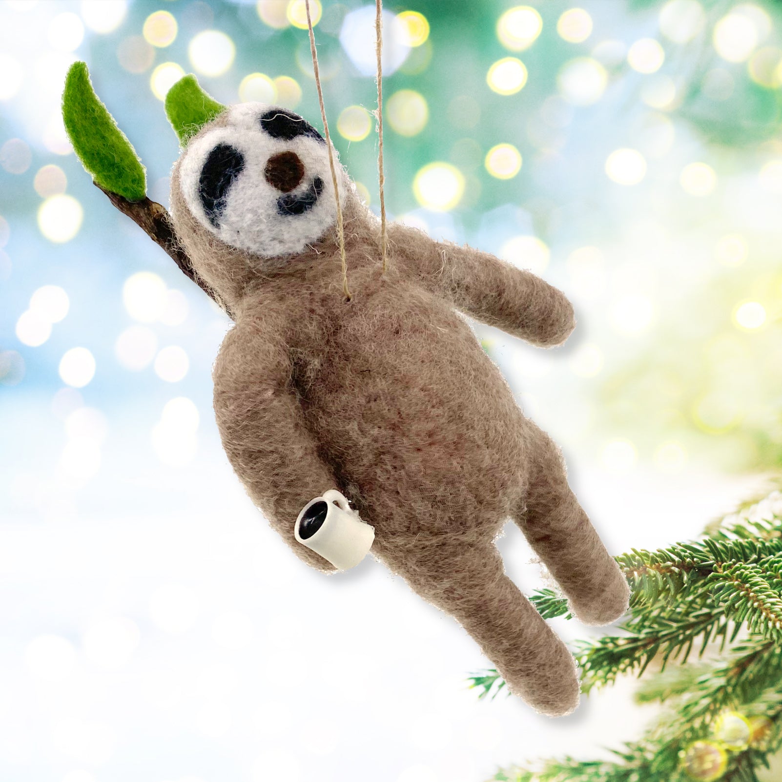 Coffee Sloth Ornament Wool Christmas Tree Decoration - Relaxing Sloth Laying on Branch
