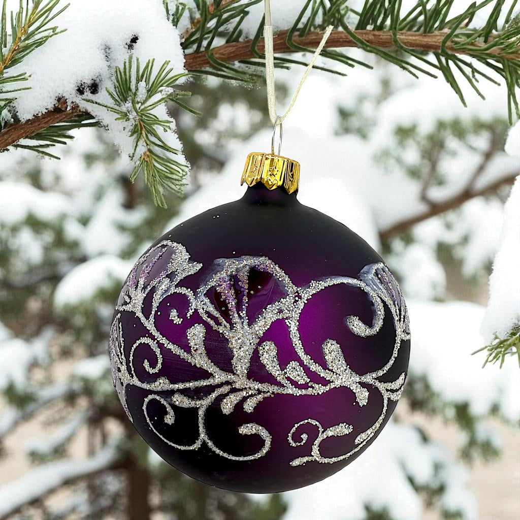 Ginkgo Leaves Glass Ornaments - Set of 3 European Mouth-Blown Bauble Ball Holiday Christmas Tree Decoration, Purple, Pink, and Gold