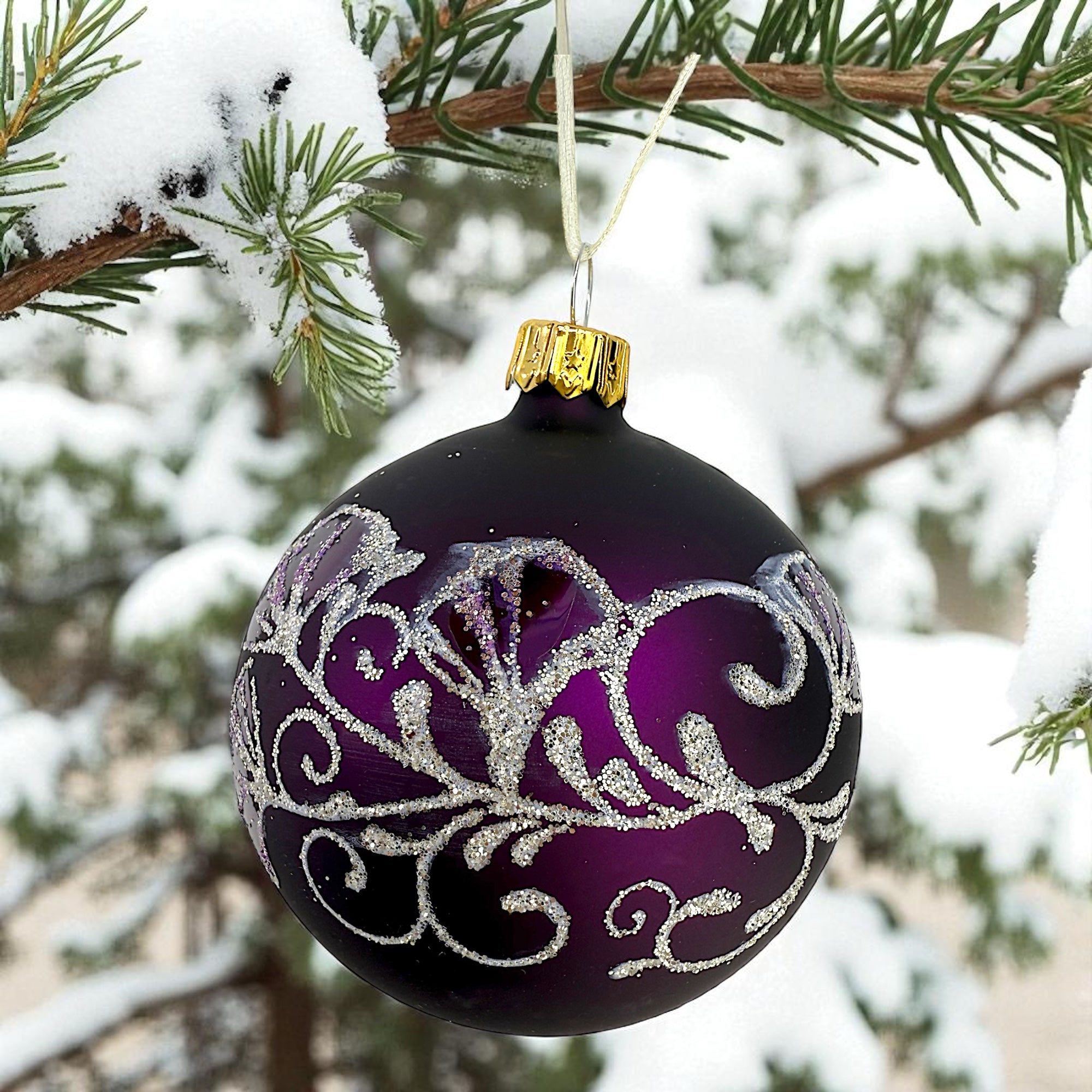 Ginkgo Leaves Glass Ornaments - Set of 3 European Mouth-Blown Bauble Ball Holiday Christmas Tree Decoration, Purple, Pink, and Gold