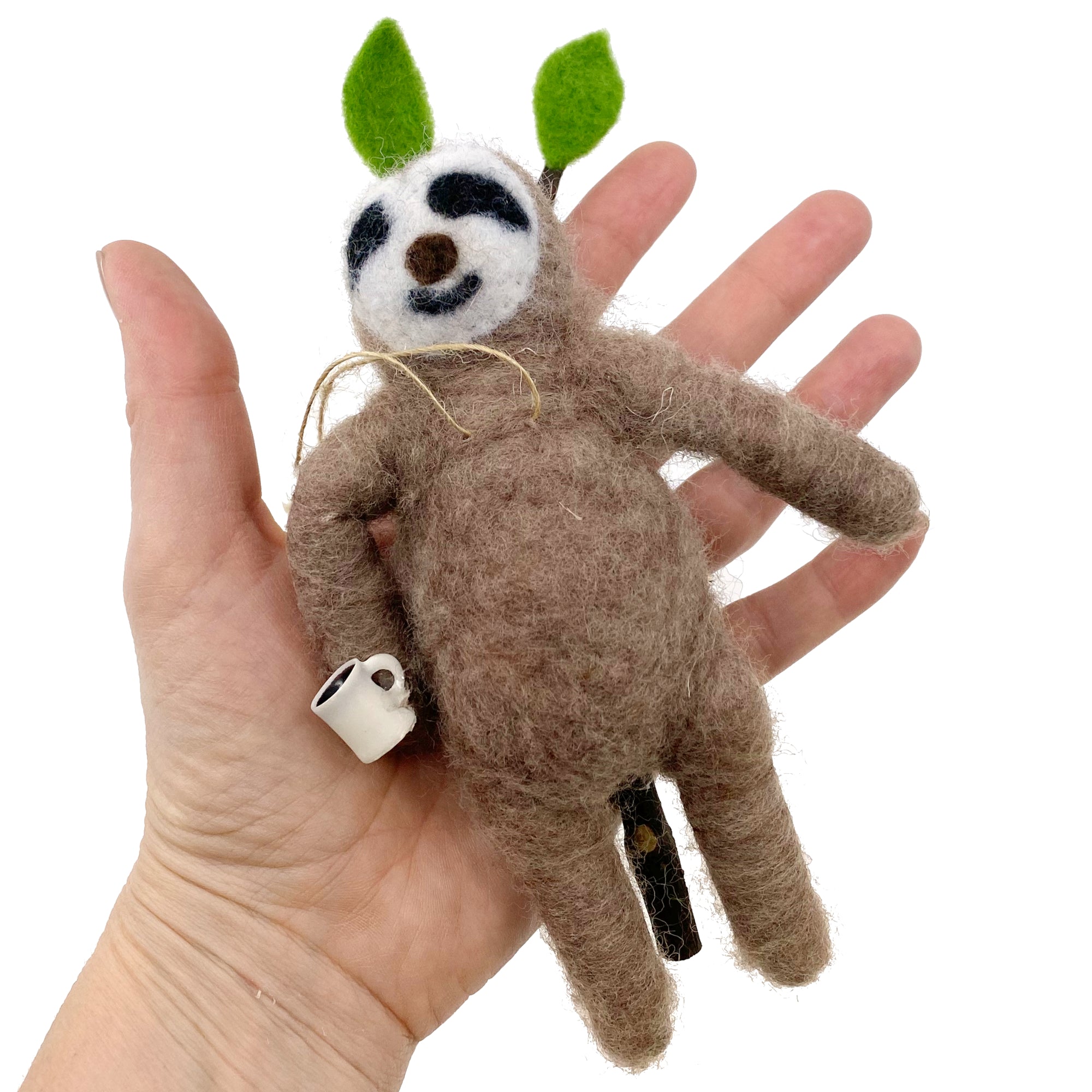 Coffee Sloth Ornament Wool Christmas Tree Decoration - Relaxing Sloth Laying on Branch