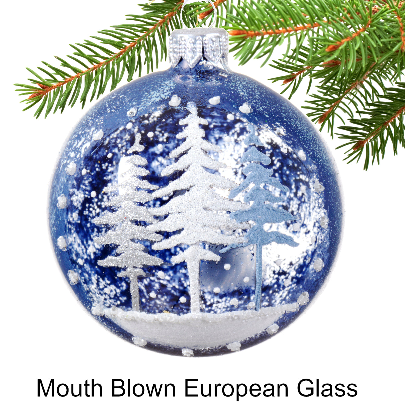 Blue Pine Blown Glass Ornaments - European Mouth-Blown Glass Balls, Set of 2 Blue and White