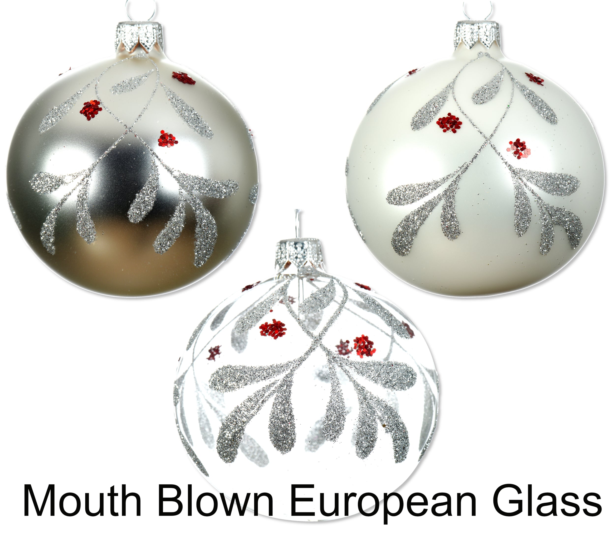 Silver and White Blown Glass Ornaments - Set of 3 Clear, White, and Silver Glass Balls