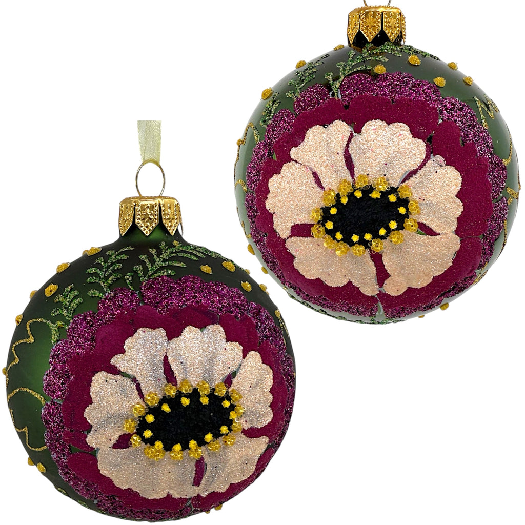 Poppy Glass Ornaments – Set of 2 European Mouth-Blown Bauble Ball Holiday Christmas Tree Decoration, Green, Purple, Pink