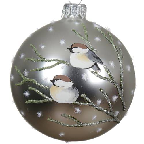 Chickadee Blown Glass Ornament - European Mouth-Blown Ball Holiday Christmas Tree Decoration, Silver