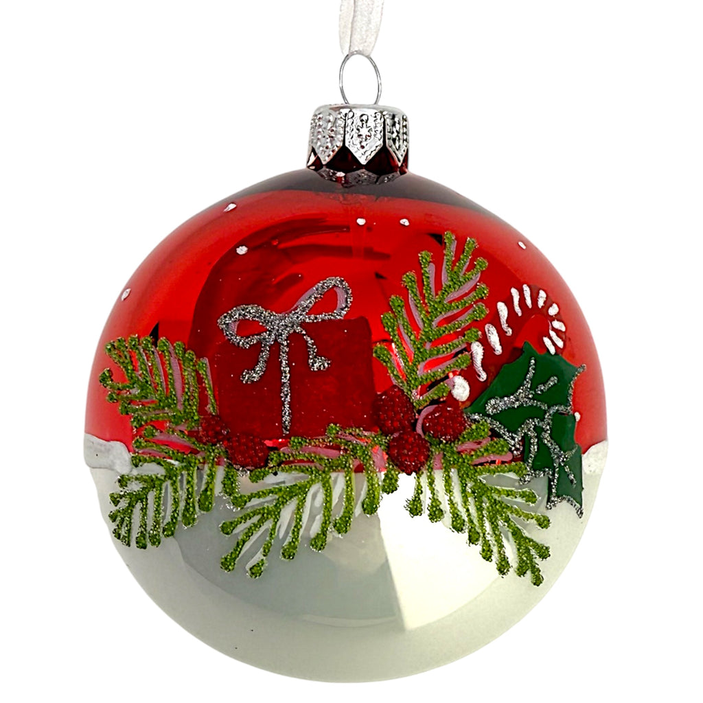 Pine Sprigs and Presents Blown Glass Ornaments – Set of 2 European Ball Bauble Holiday Christmas Tree Decoration, Red, White