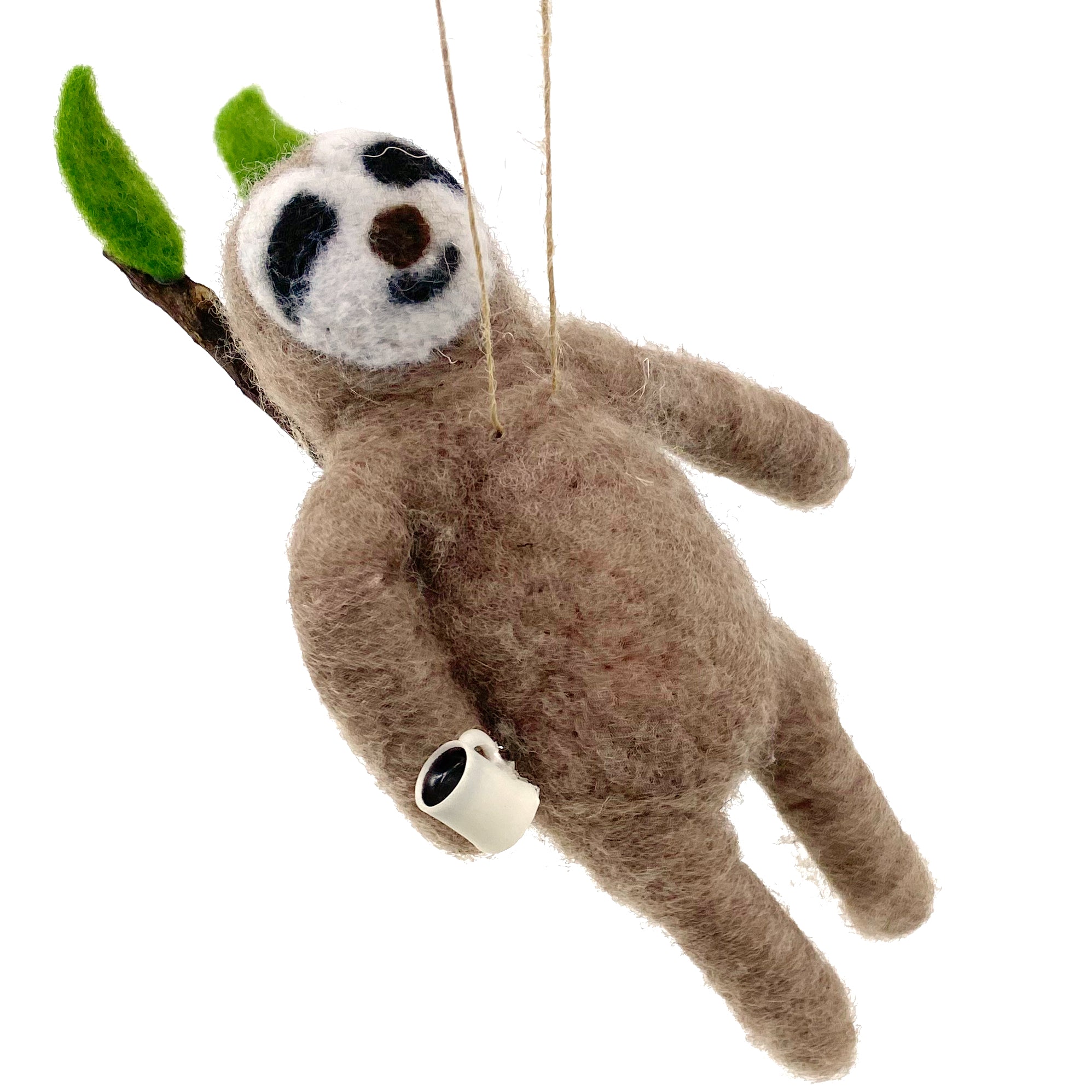 Coffee Sloth Ornament Wool Christmas Tree Decoration - Relaxing Sloth Laying on Branch