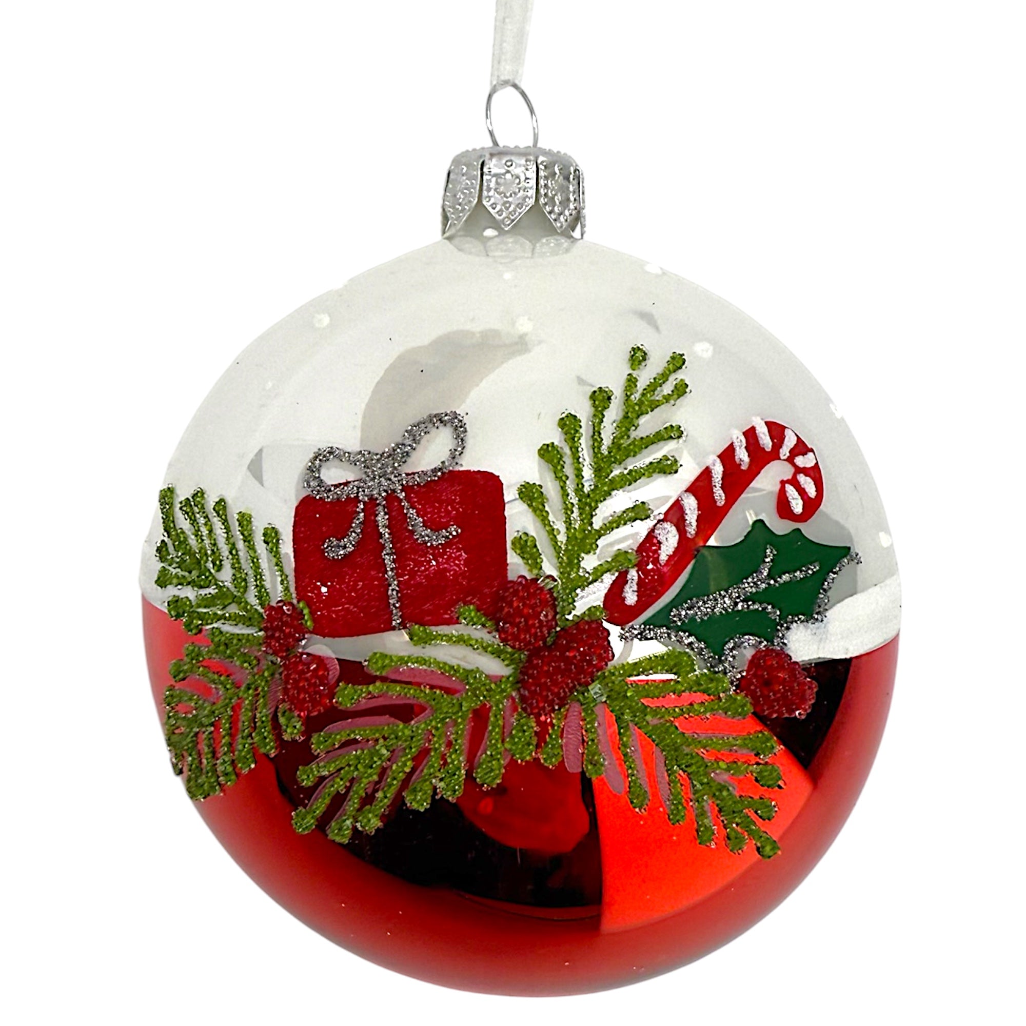 Pine Sprigs and Presents Blown Glass Ornaments – Set of 2 European Ball Bauble Holiday Christmas Tree Decoration, Red, White