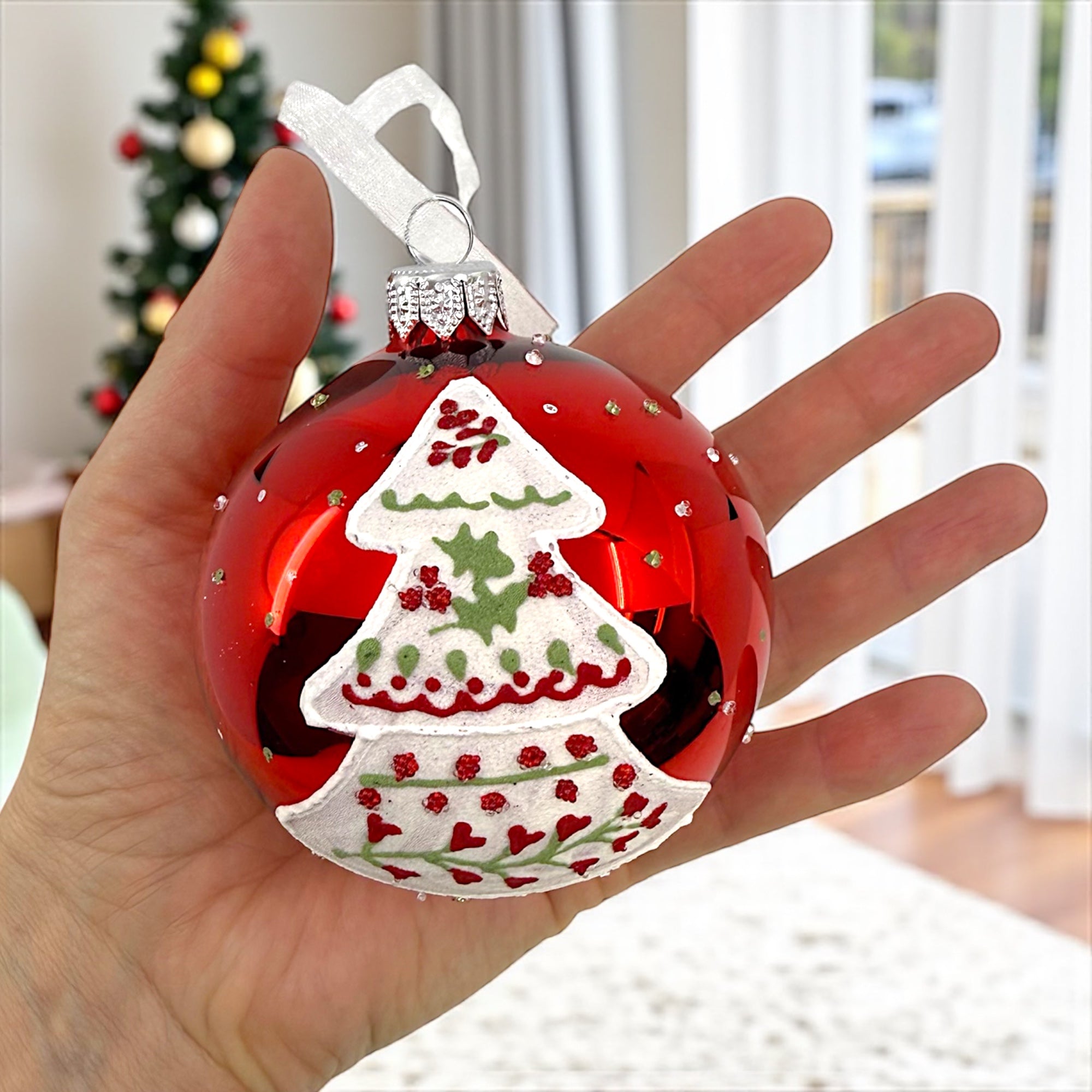 Folk Art Blown Glass Ornaments – Set of 2 European Bauble Ball Holiday Christmas Tree Decoration, Red and White