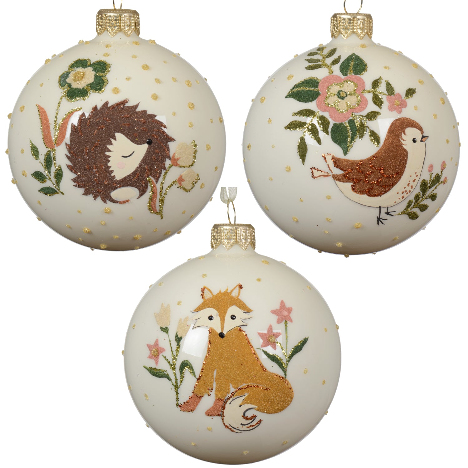 Painted Animals Blown Glass Ornaments – European Mouth-Blown White Glass Balls Set of 3 Fox, Hedgehog, and Bird
