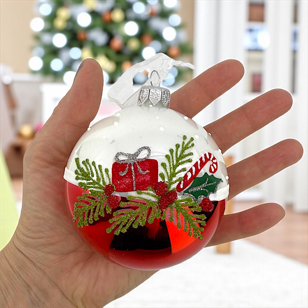 Pine Sprigs and Presents Blown Glass Ornaments – Set of 2 European Ball Bauble Holiday Christmas Tree Decoration, Red, White