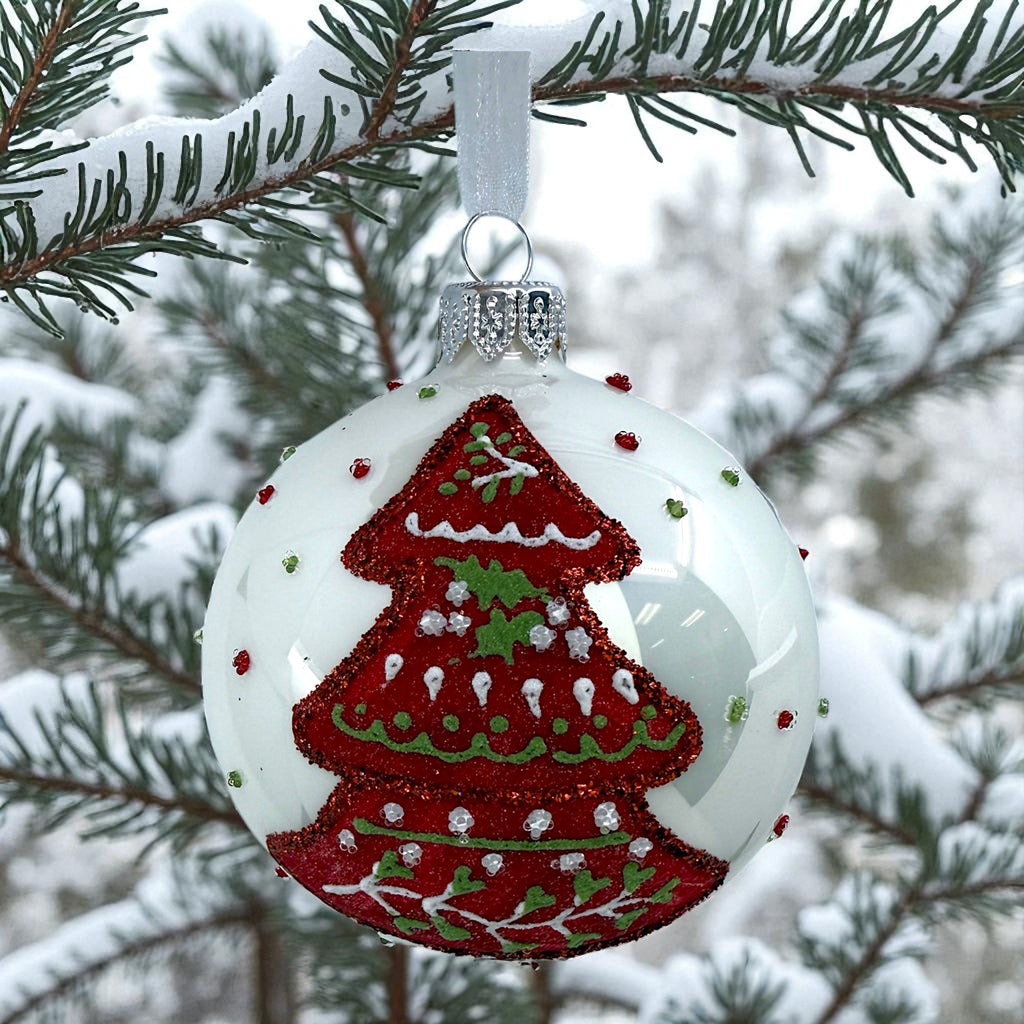 Folk Art Blown Glass Ornaments – Set of 2 European Bauble Ball Holiday Christmas Tree Decoration, Red and White
