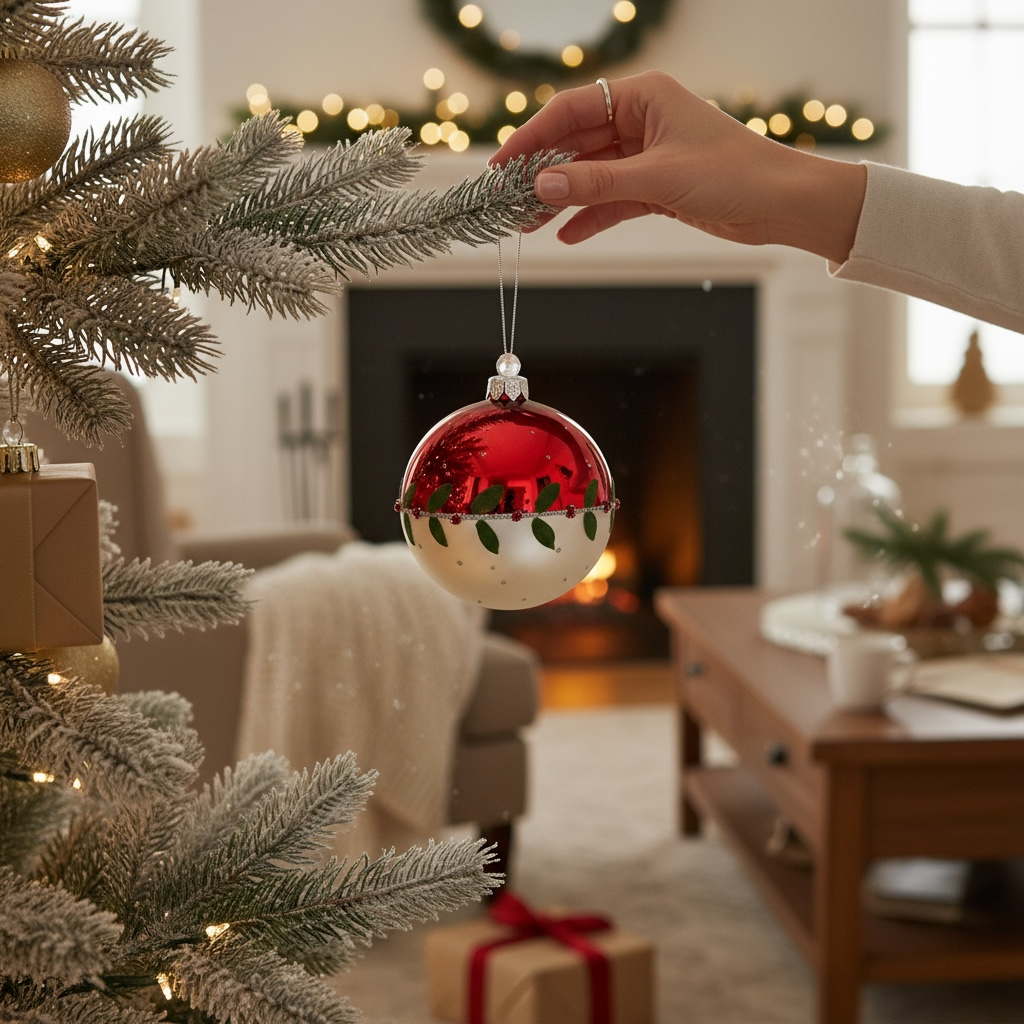 Holly Leaves with Berries Blown Glass Ornament - European Mouth-Blown Ball Holiday Christmas Tree Decoration, Red and White