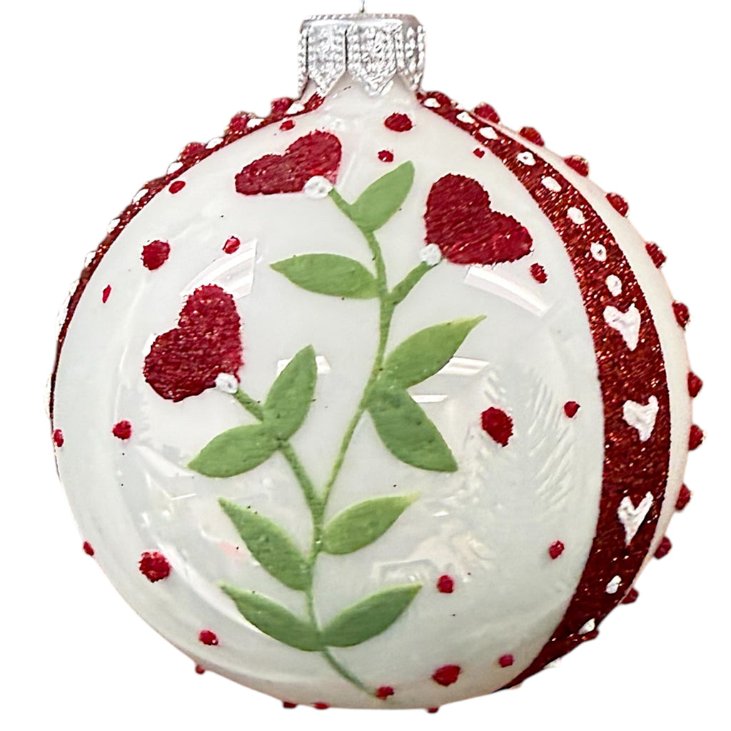 Heart Flowers Blown Glass Ornaments – Set of 2 European Mouth-Blown Folk Art Ball Holiday Christmas Tree Decoration, Red and White