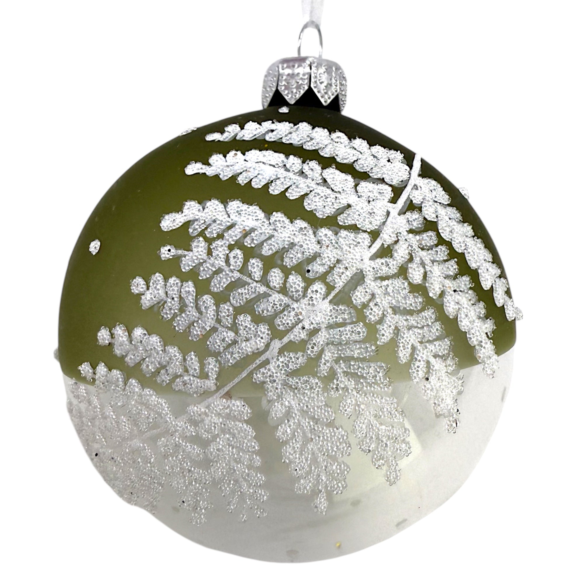 Fern Blown Glass Ornaments – Set of 2 European Baubles Balls Holiday Christmas Tree Decorations, Sage Green and Clear
