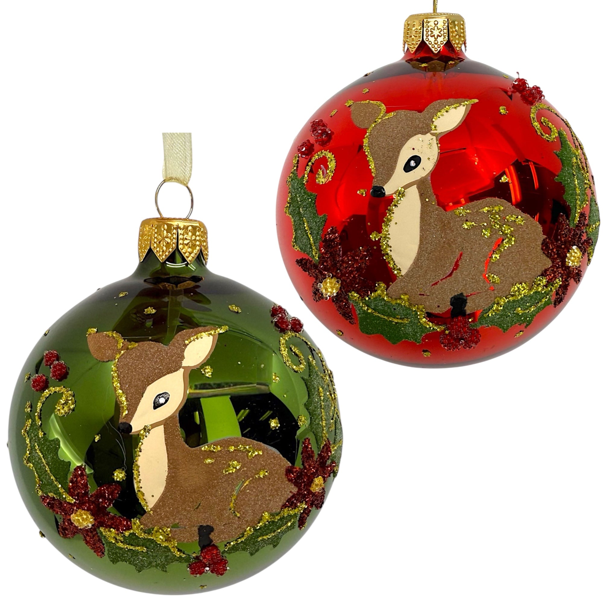 Fawn Holly and Berries Blown Glass Ornaments – Set of 2 European Mouth-Blown Baby Deer Ball Holiday Christmas Tree Decoration, Red and Green