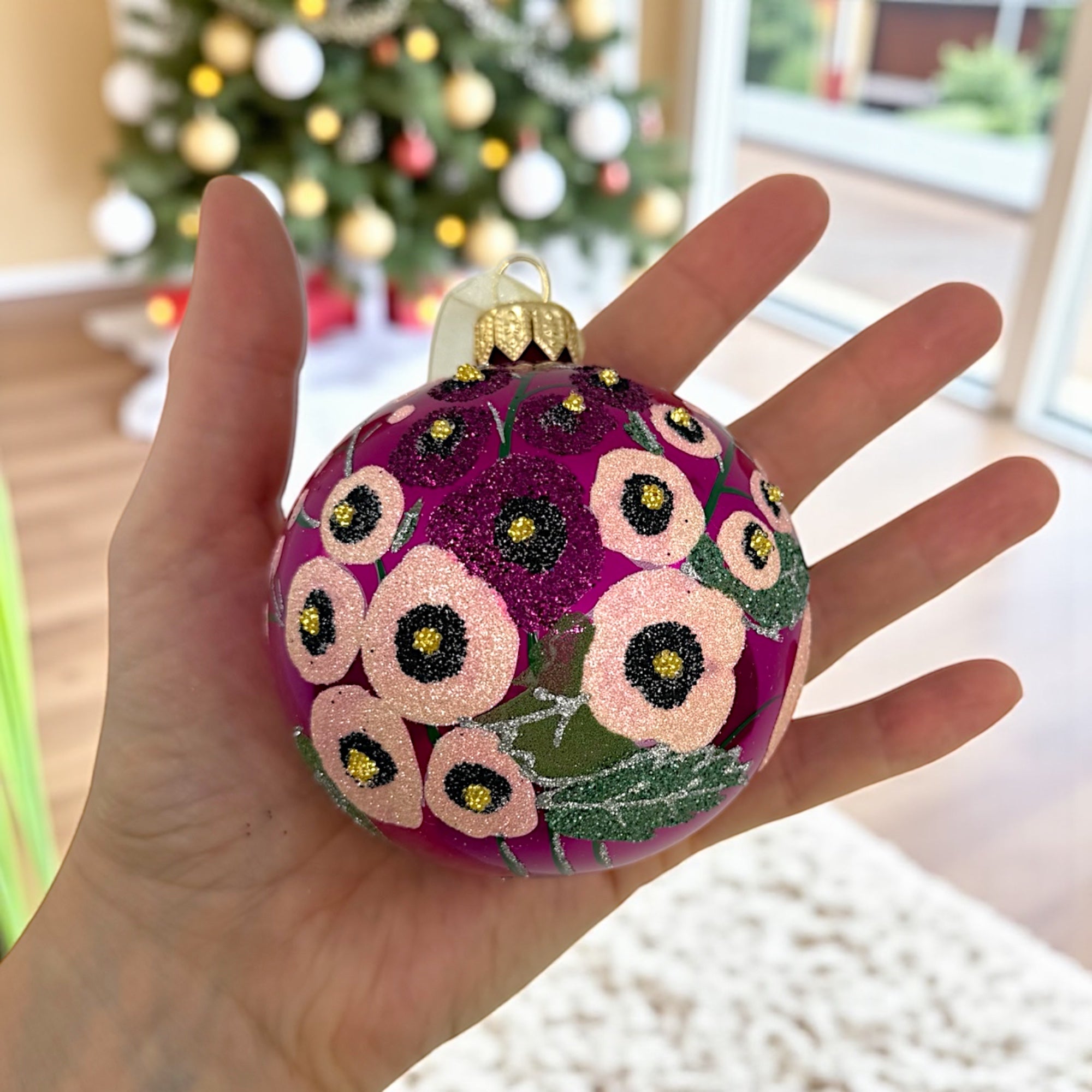 Poppy Glass Ornaments – Set of 2 European Mouth-Blown Glass Ball Holiday Christmas Tree Decoration Flowers, Pink and Green Floral