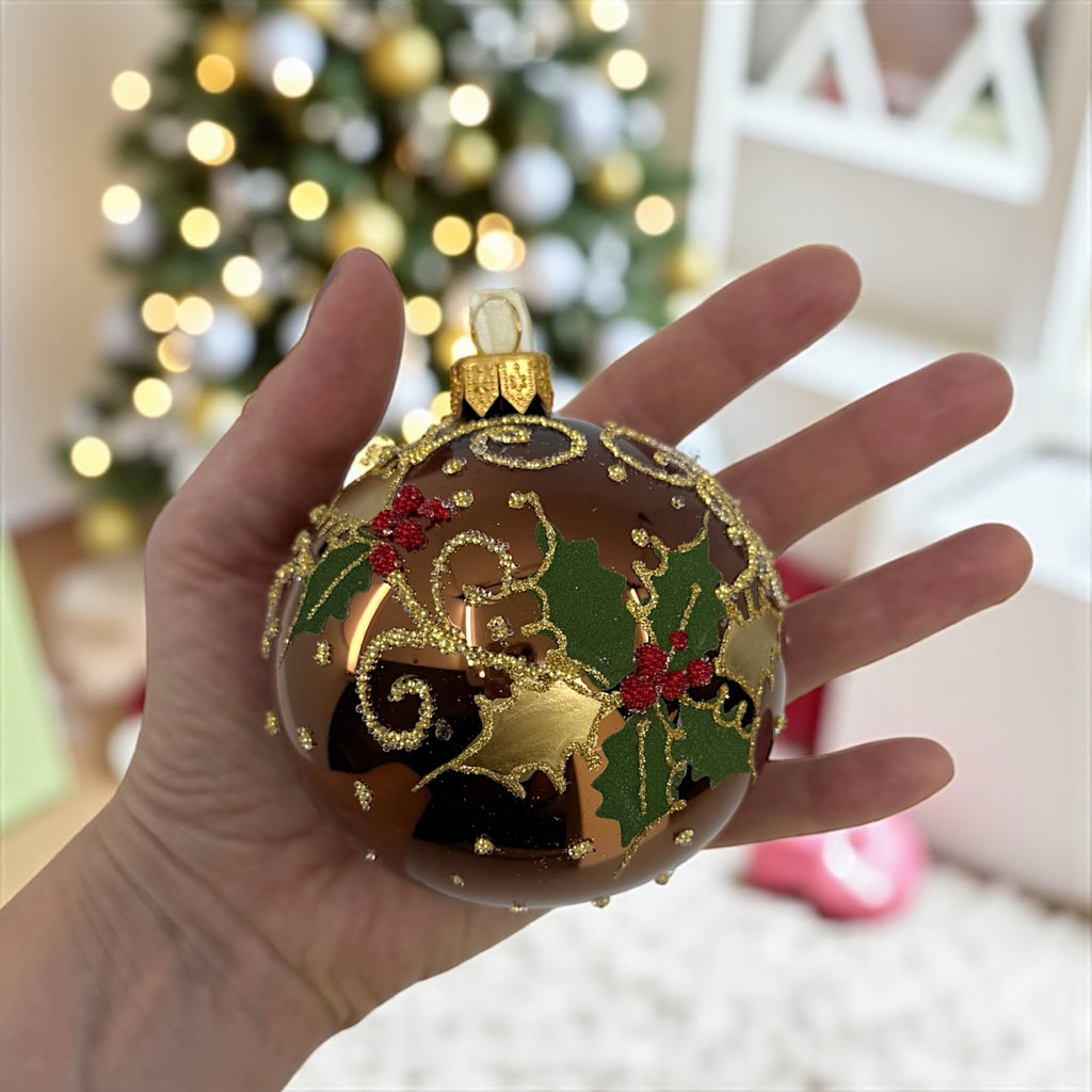Holly Leaves and Berries Ornament - European Mouth-Blown Glass Ball Holiday Christmas Tree Decoration, Brown