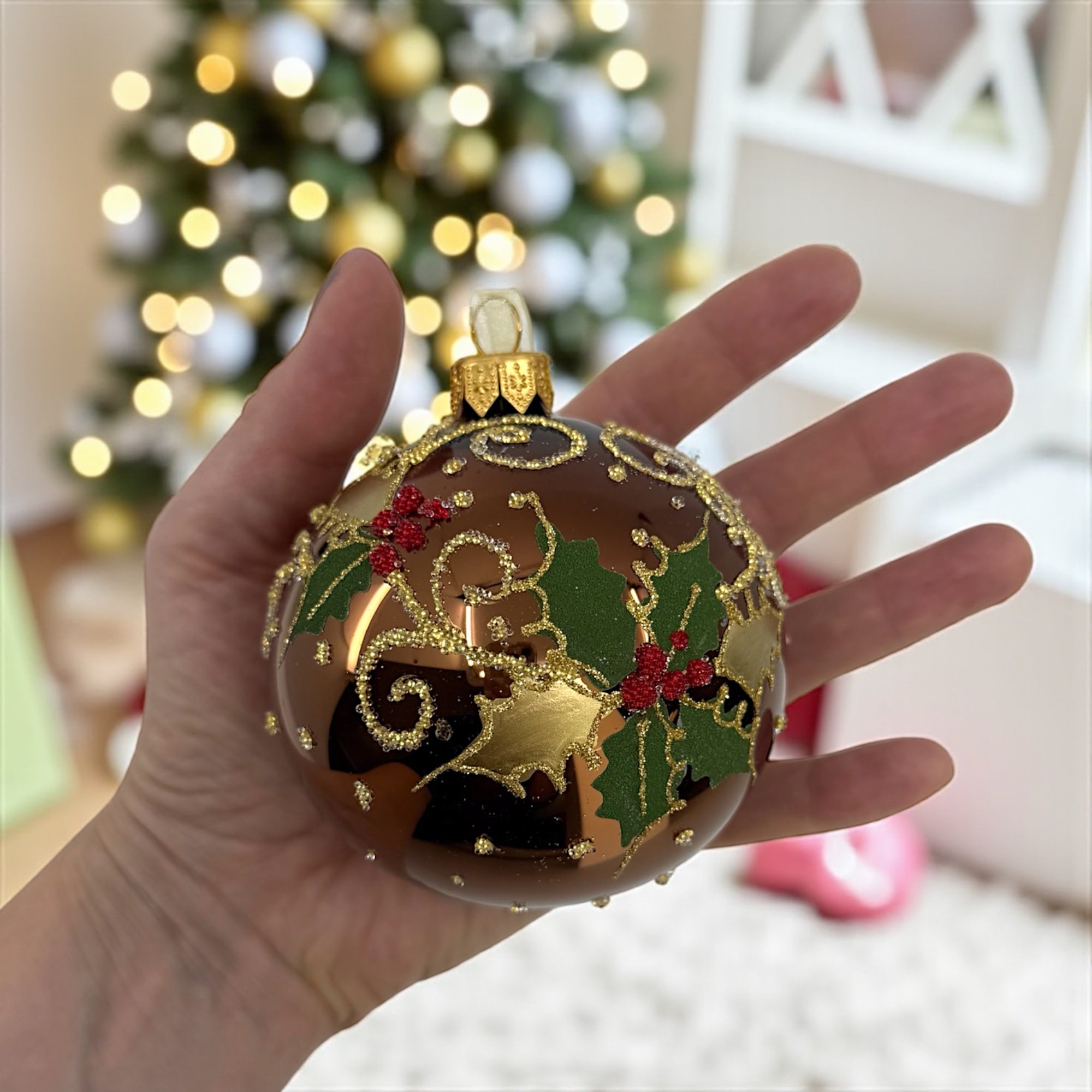 Holly Leaves and Berries Ornament - European Mouth-Blown Glass Ball Holiday Christmas Tree Decoration, Brown