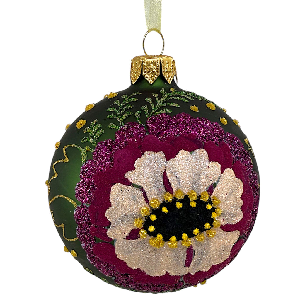 Poppy Glass Ornaments – Set of 2 European Mouth-Blown Bauble Ball Holiday Christmas Tree Decoration, Green, Purple, Pink