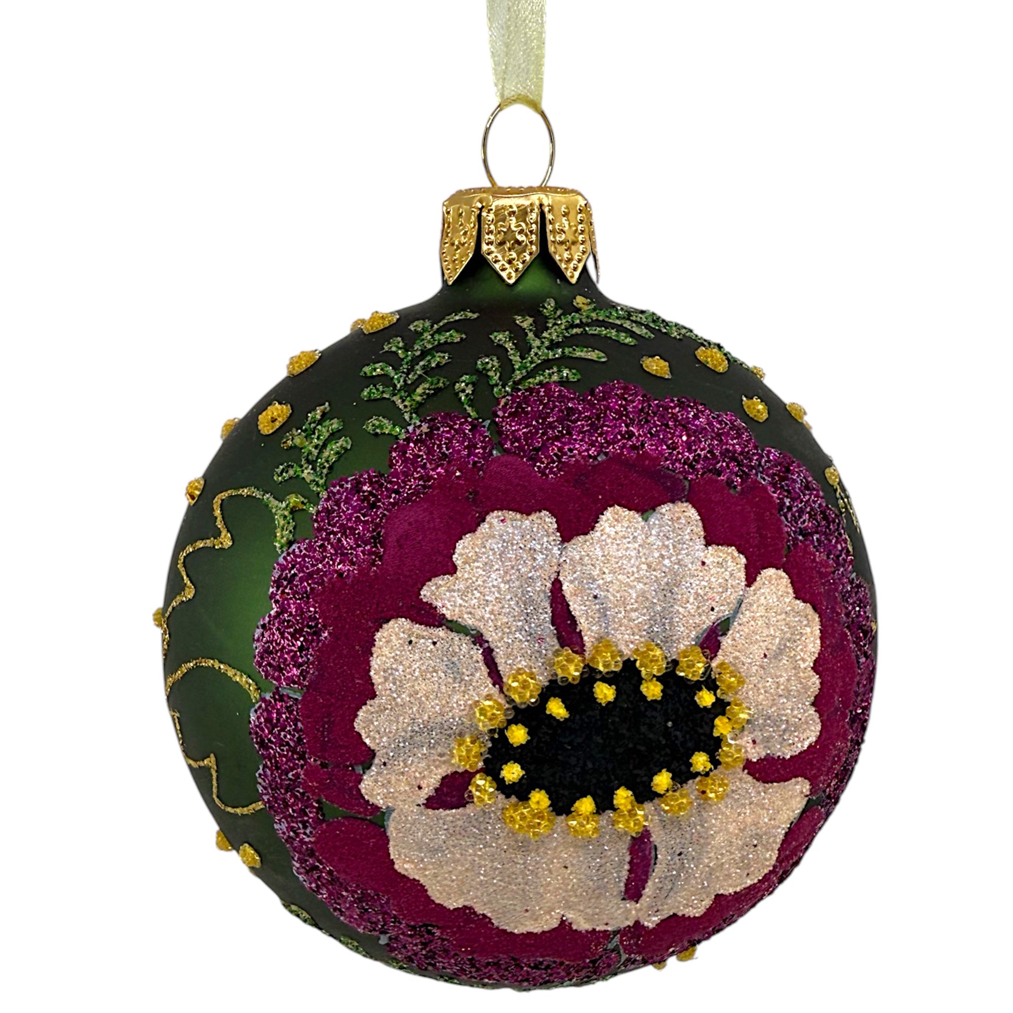 Poppy Glass Ornaments – Set of 2 European Mouth-Blown Bauble Ball Holiday Christmas Tree Decoration, Green, Purple, Pink