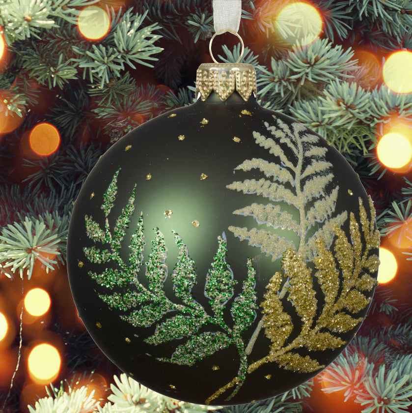 Green Blown Glass Fern Ornament - European Mouth-Blown Glass Ball